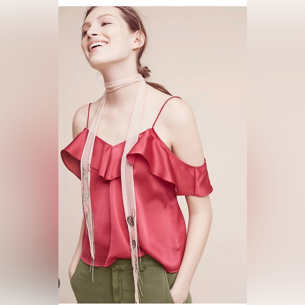 Anthropologie by Harlyn Elegant Off Shoulder Red Ruffle Cami Top